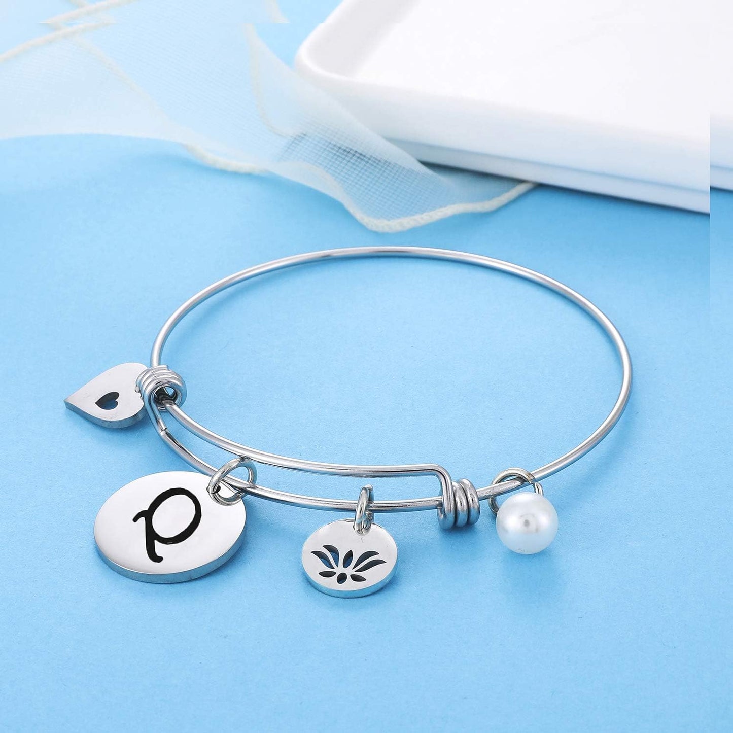 Letter Bracelet Initial Bracelet Heart Flower Charm Bracelets 26 Letters Bangle Bracelet for Women Girls Personalized Jewelry