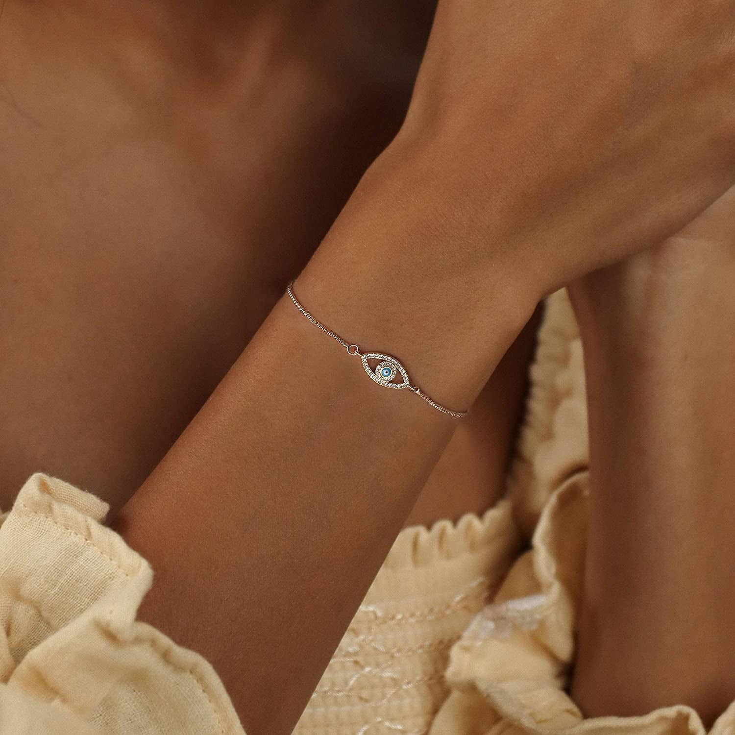 Gold Bracelets for Women, 14K Real Gold Plated Bracelets for Women Dainty Evil Eye Bracelets for Teen Girls Adjustable Box Chain Layered Trendy Gold Initial Handmade Charm Bracelets for Teen Girls