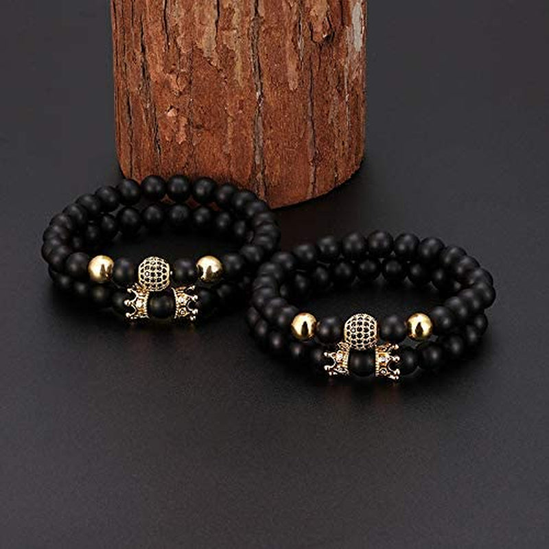 CARSHIER 4 PCS Bracelets for Men Women Friendship Lava Stone Crown Bead Bracelets 8MM Natural Essential Oil Diffuser Beads Bangles Gifts