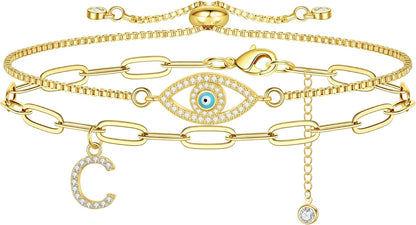 Gold Bracelets for Women, 14K Real Gold Plated Bracelets for Women Dainty Evil Eye Bracelets for Teen Girls Adjustable Box Chain Layered Trendy Gold Initial Handmade Charm Bracelets for Teen Girls