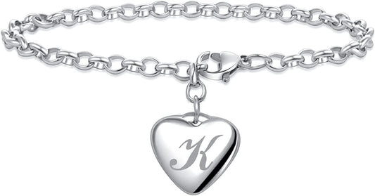 Women Girls a to Z Initial Letter Charm Bracelets Stainless Steel Alphabet Heart 26 Letters Link Bracelet for Boys Mens Birthday Gifts