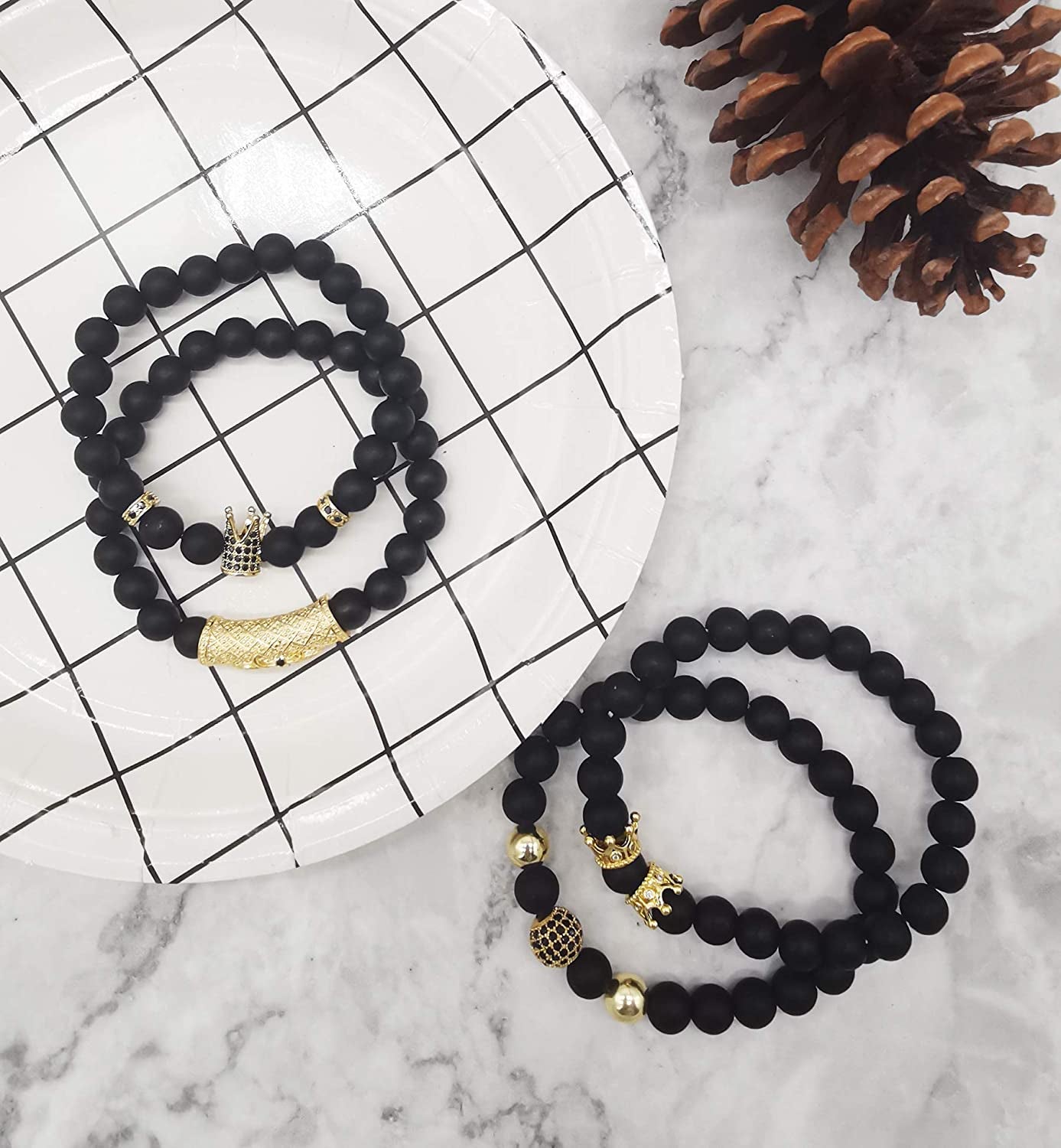 CARSHIER 4 PCS Bracelets for Men Women Friendship Lava Stone Crown Bead Bracelets 8MM Natural Essential Oil Diffuser Beads Bangles Gifts